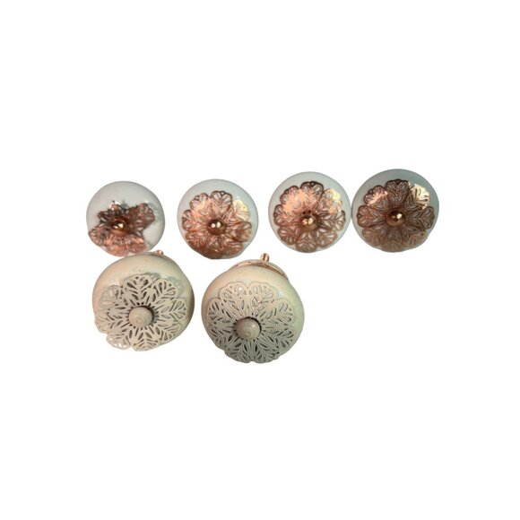 Decorative Ceramic & Metal Drawer Knobs Cabinet Pulls Set Of 6 White & Rose Gold - Picture 1 of 9